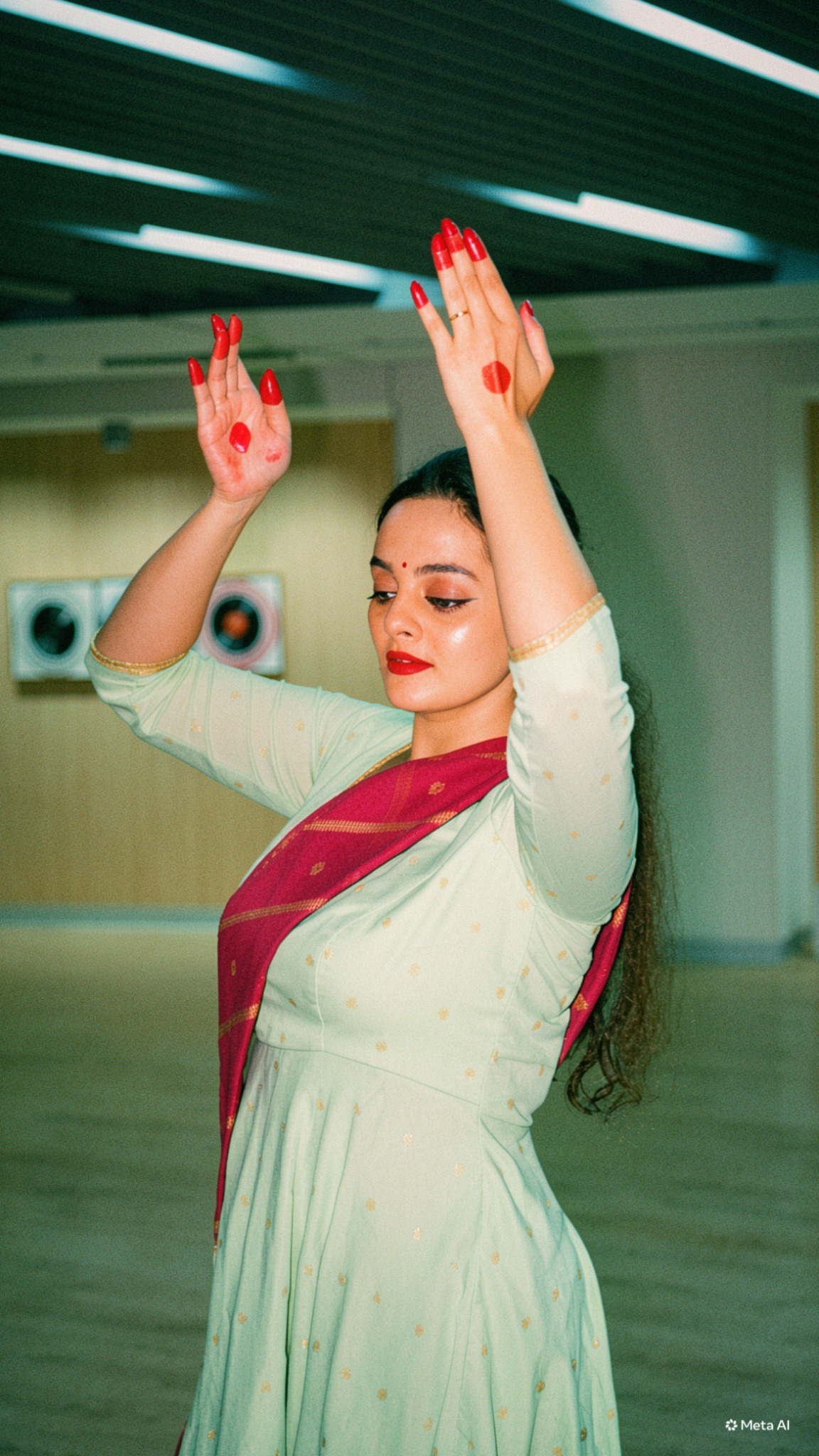 Meghana Vaibhav in a Kathak pose with raised hands.